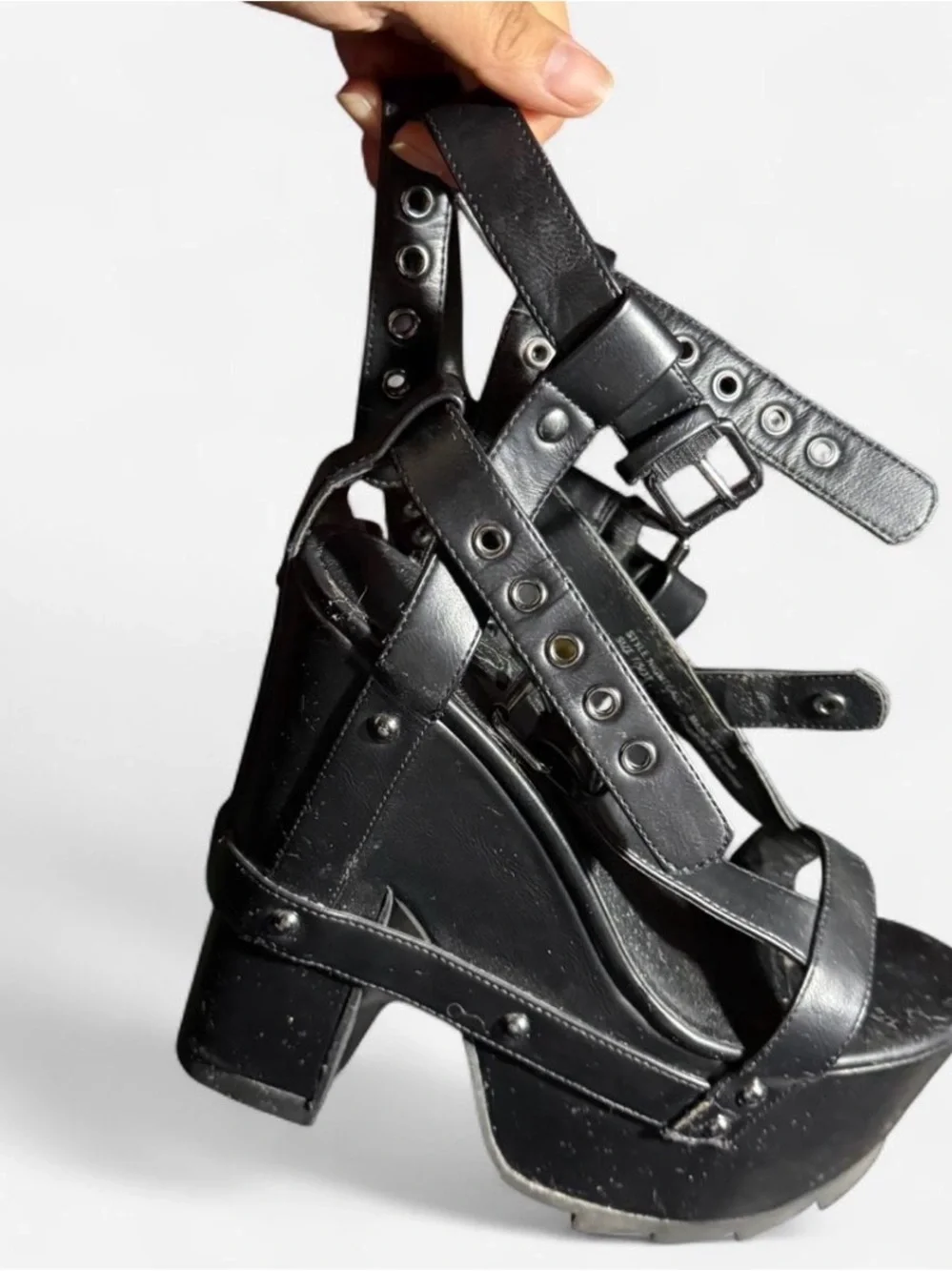 YRU Nightcall platforms heels. Adjustable ankle straps/ buckles.